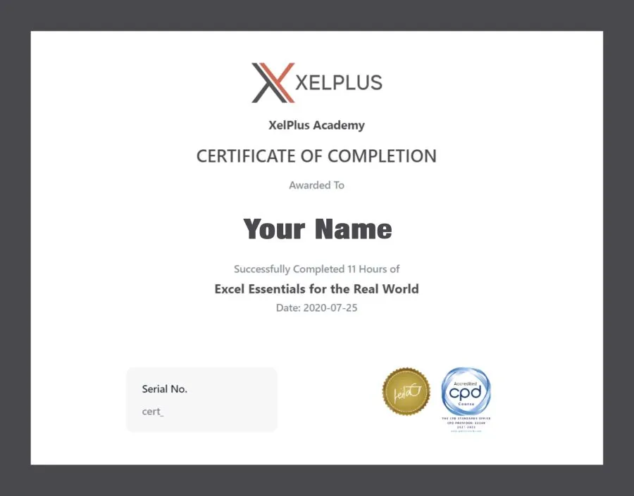 Certificate for XelPlus Excel Essentials Training Course