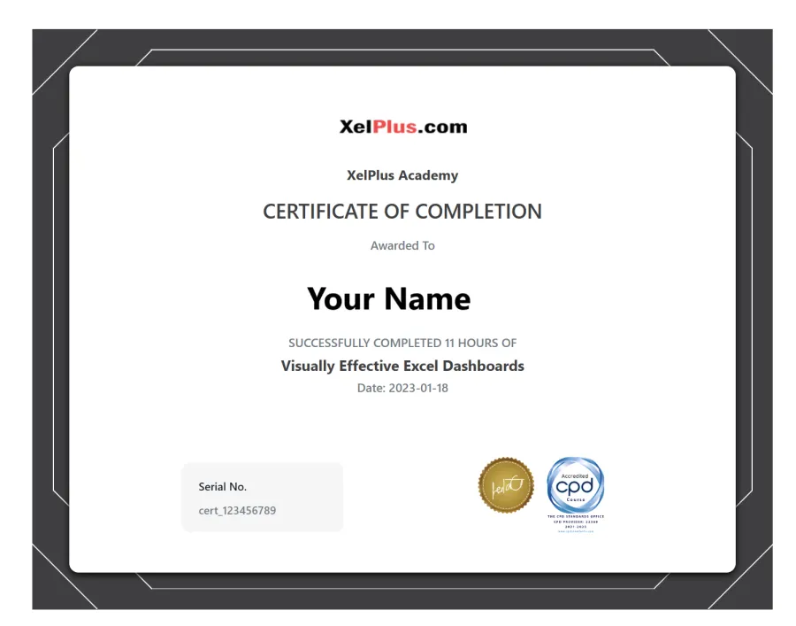 Certificate of Completion Excel Dashboards Course at XelPlus