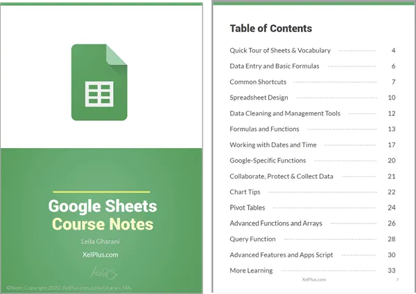 Course notes for XelPlus Google Sheets Comprehensive Course.